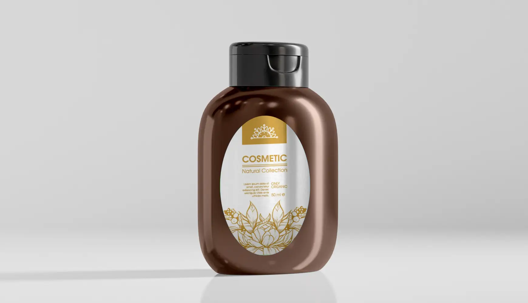 Organic cosmetic shampoo bottle with an oval label on a grey background.