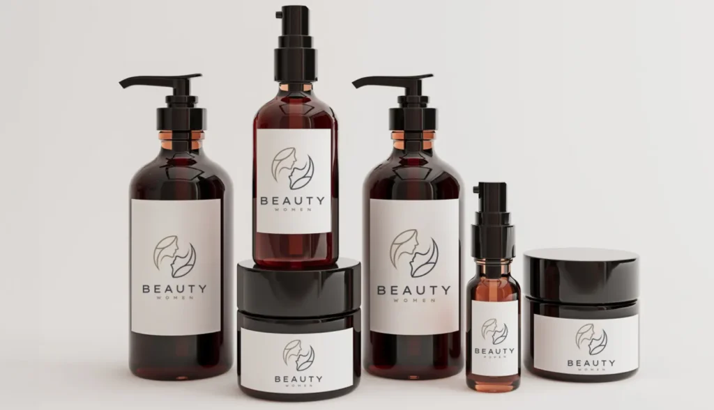Six different beauty products with rectangular labels positioned on a grey background.