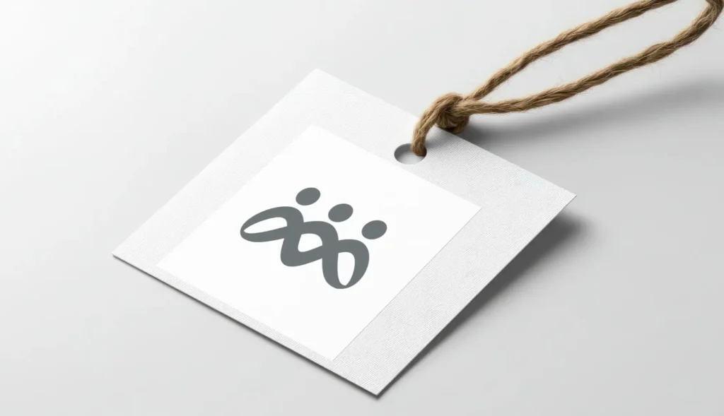 Product tag witha square sticker label supporting business logo