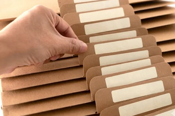 Hand organizing labeled folders in a filing system.