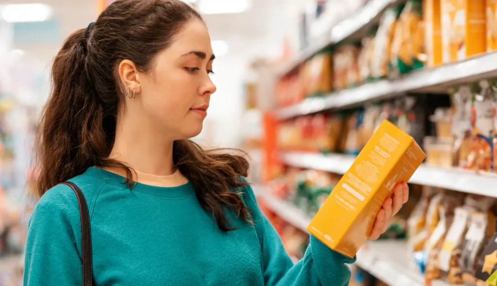 A shopper examining the back of a box in a grocery store aisle.