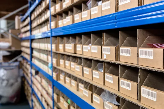 Rows of labeled storage bins on blue metal shelves.
