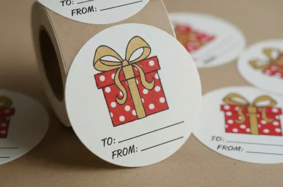 Roll of round Christmas gift tag stickers with red polka dot present and gold bow design.
