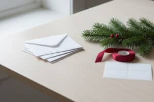 Stack of white envelopes with blank address labels, red ribbon, and evergreen branch on a wood desk