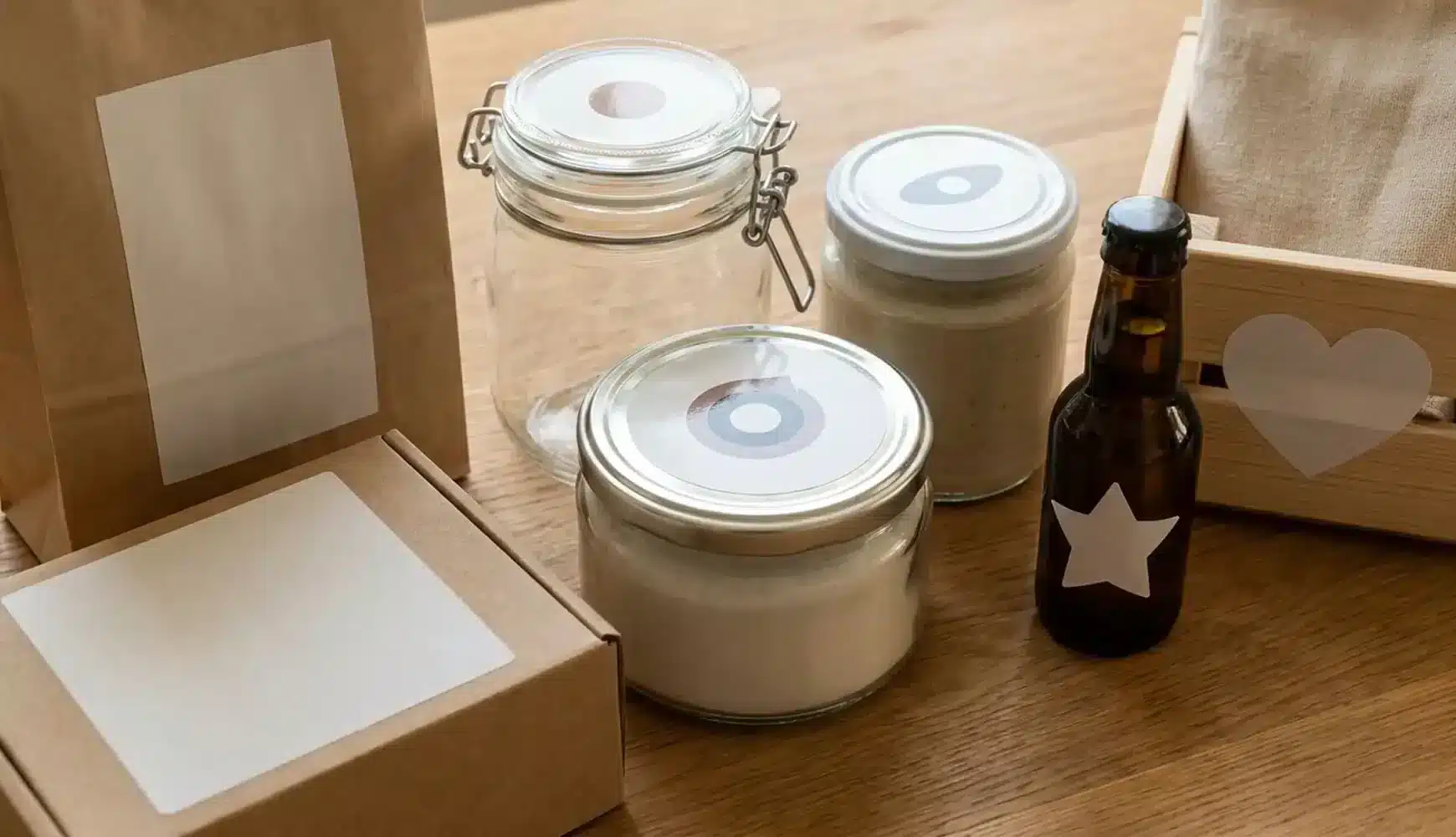 Assortment of products displaying different label shapes including round, rectangle, and square labels on jars, bottles, and bags